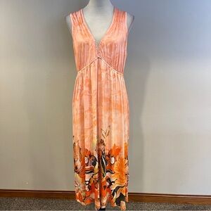 ONE WORLD Vibrant Orange Floral butterfly print stretchy midi Dress